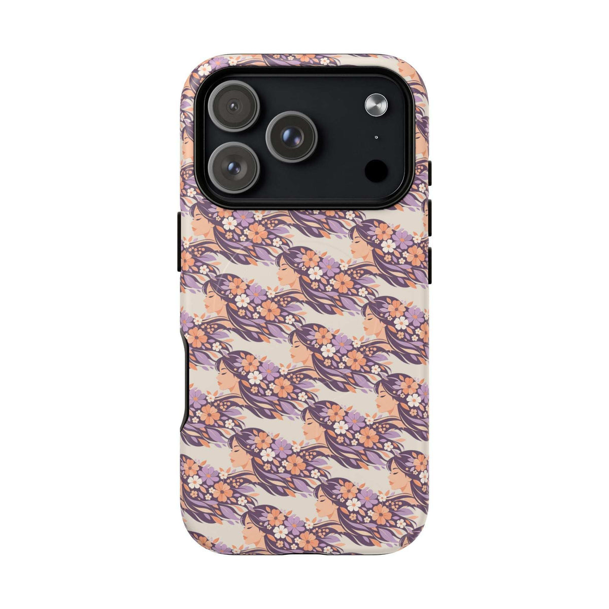 Floral phone case with triple-camera cutout, lilac and navy floral swirl design