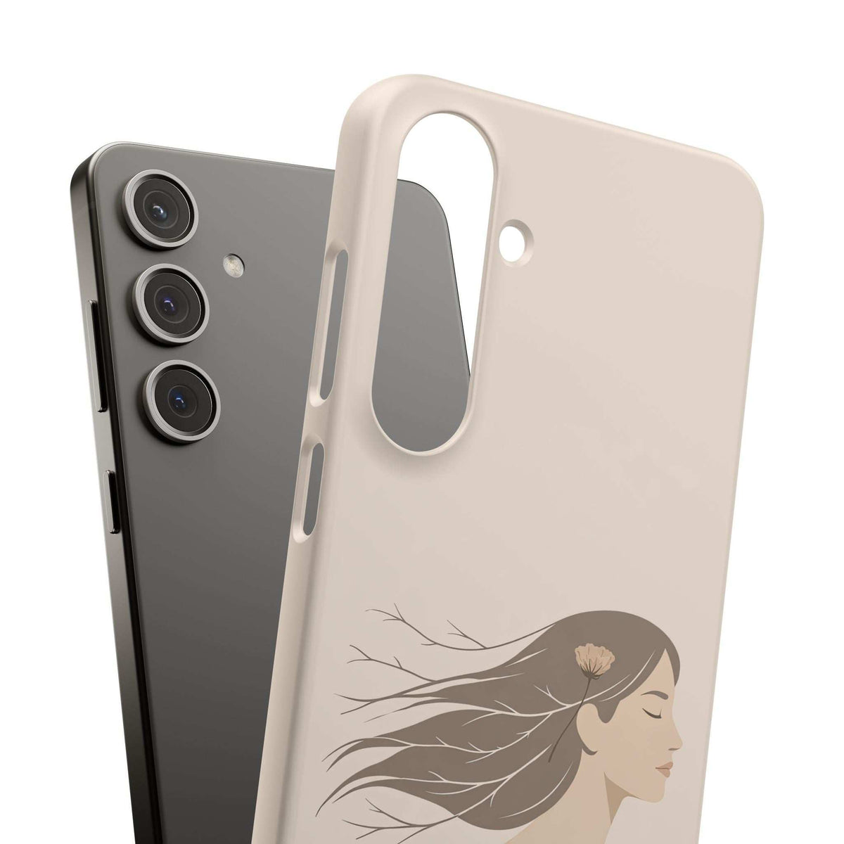 Pair of phone cases with woman outline on cream case and triple camera cutouts on dark case.