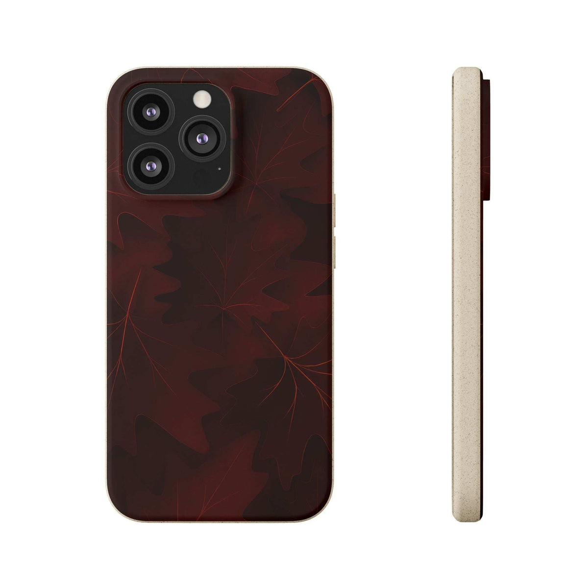 Dark red phone case with autumn leaf pattern, camera cutout with three lenses