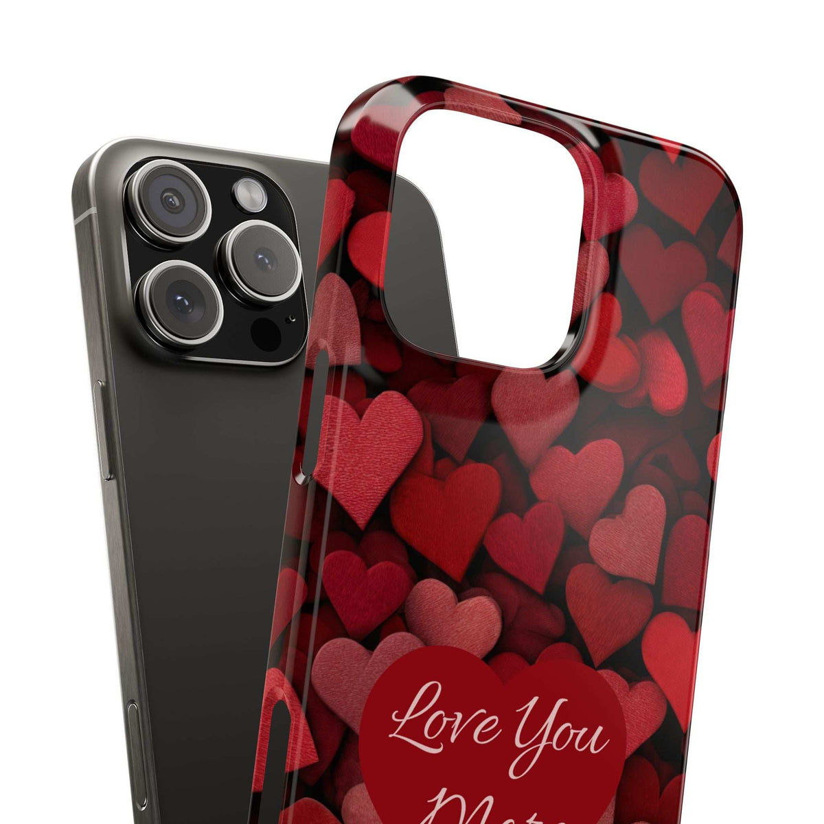 Red heart pattern phone case with “Love You More” logo, camera cutouts, and side access