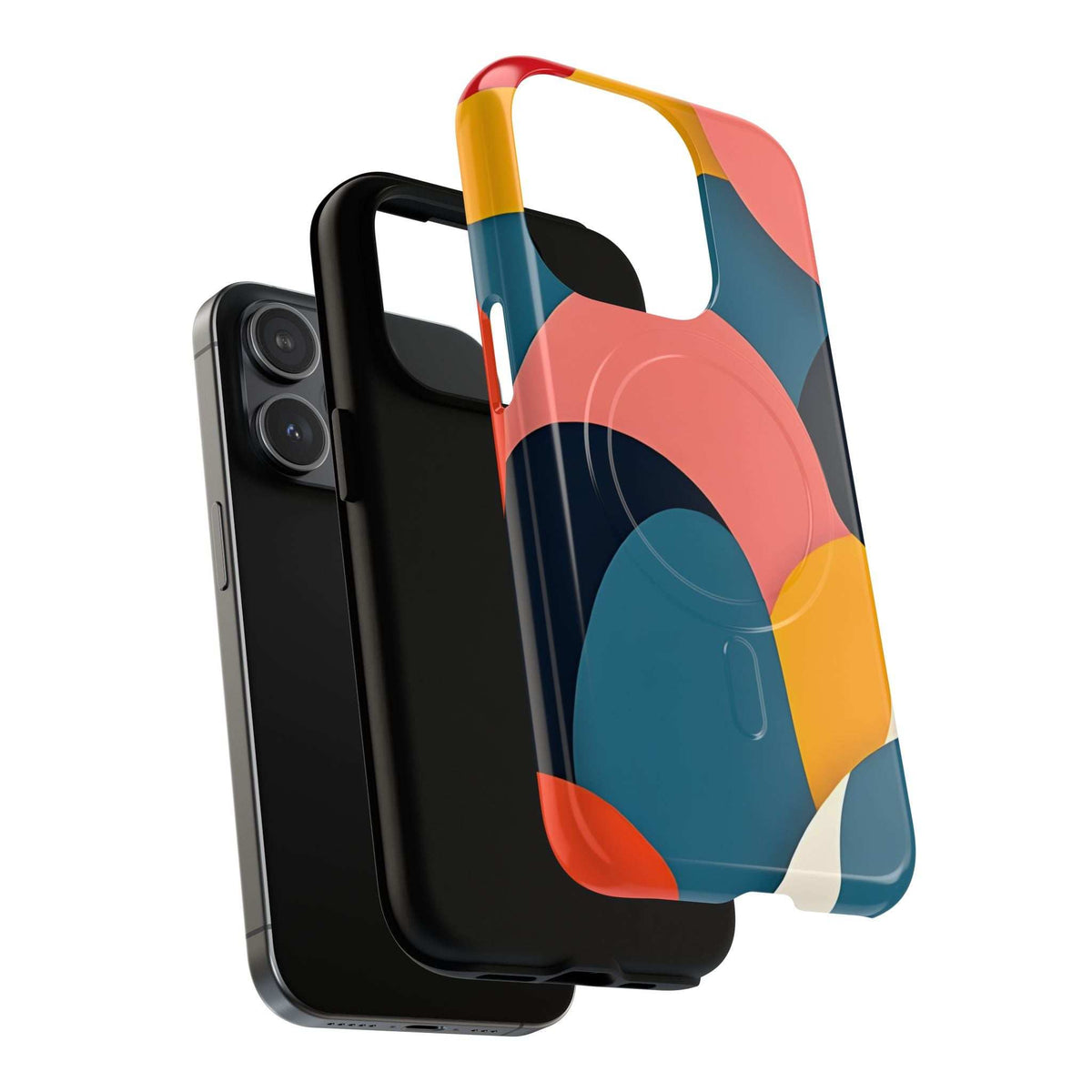 Multicolor abstract phone case with camera cutout; curved shapes in coral, blue, yellow.