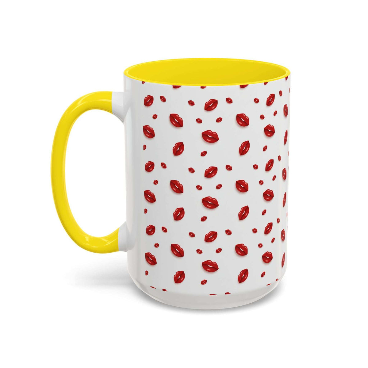 Yellow-accent coffee mug with red lips pattern and yellow handle