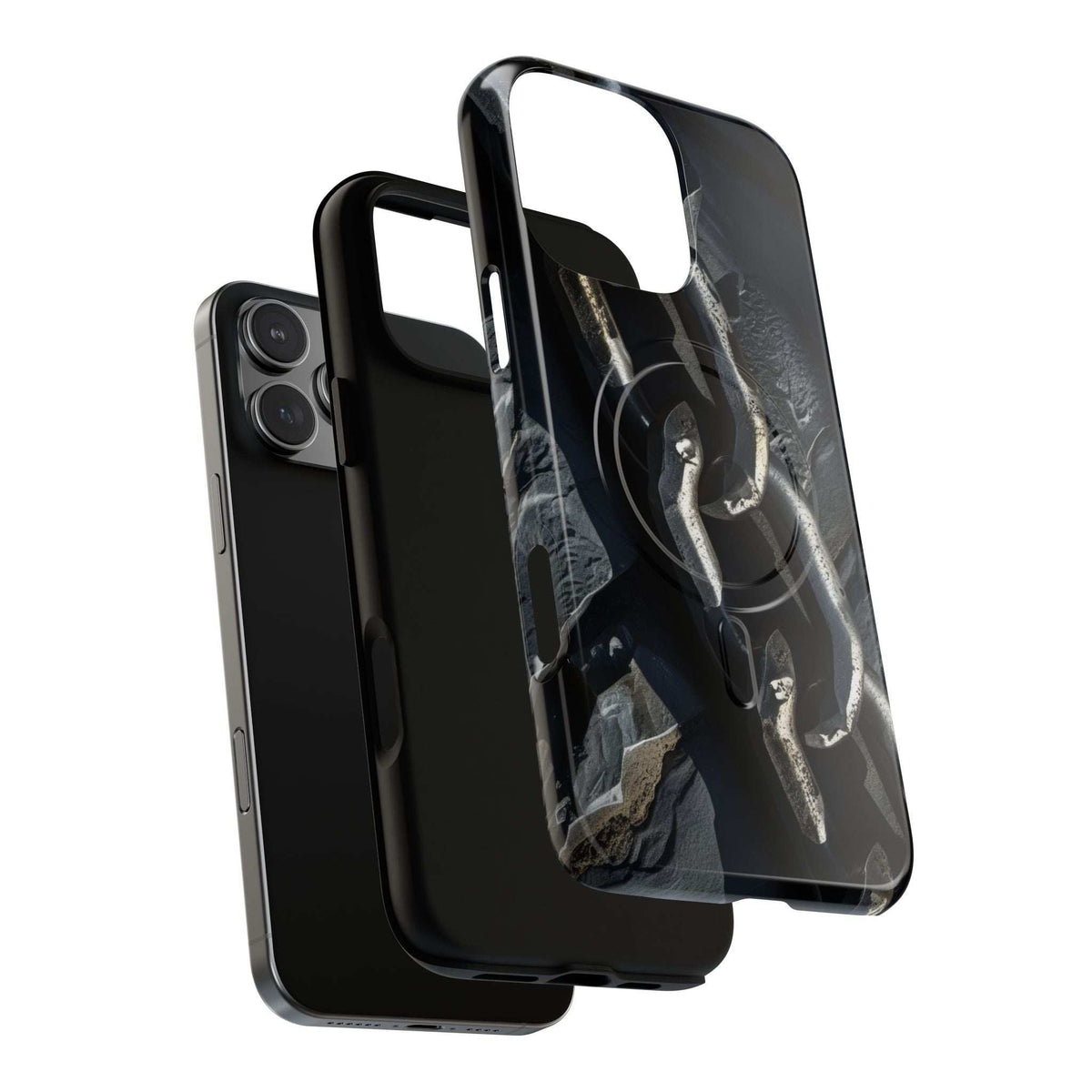 Magnetic phone case with iron chain graphic overlay, dark finish, side frame protection