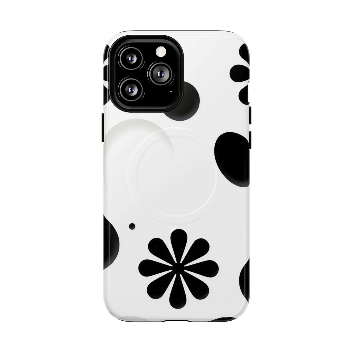 White phone case with black flower and polka dot pattern, camera cutout, magnetic tab