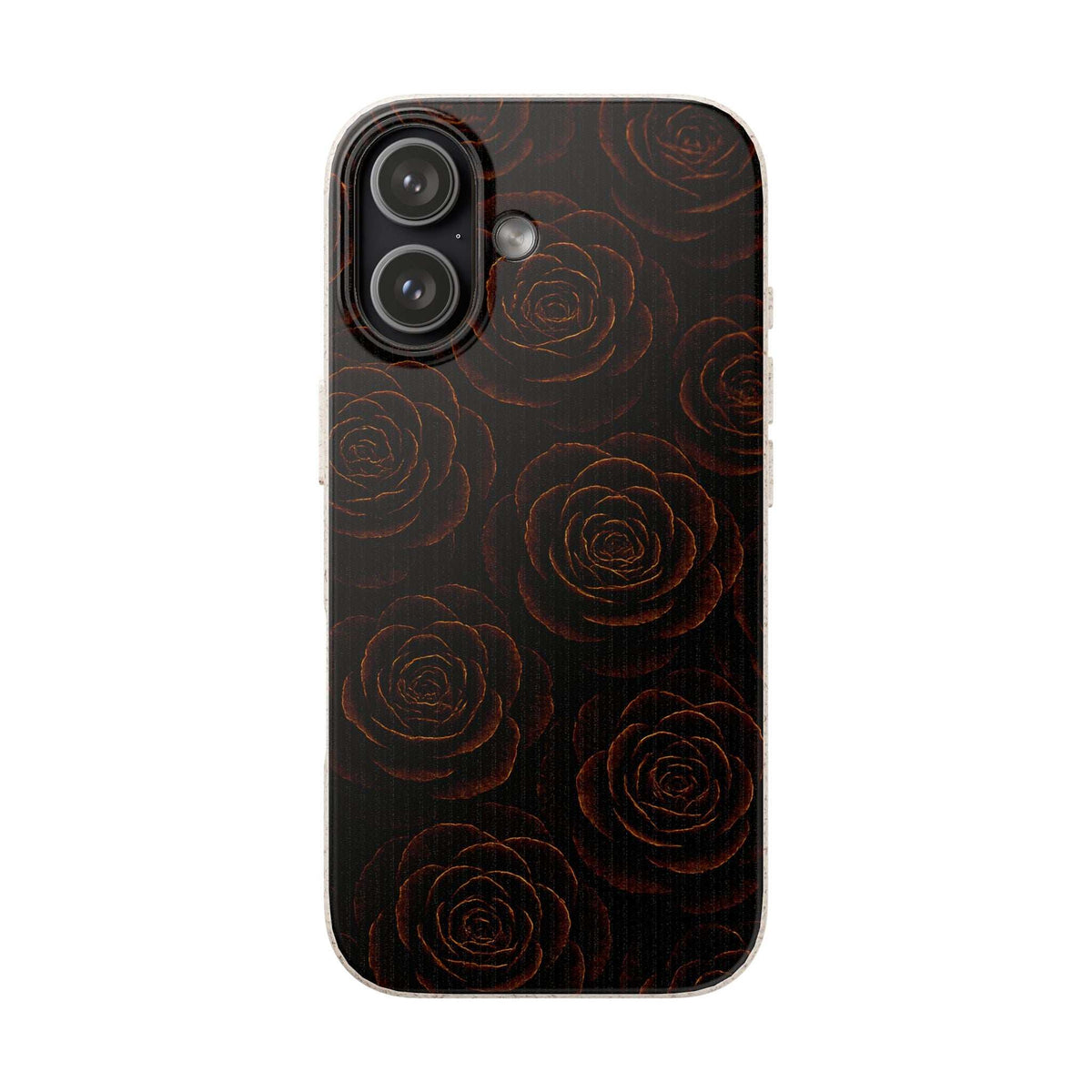 Wood rose phone case with dark floral rose pattern and camera cutouts; centered front view.