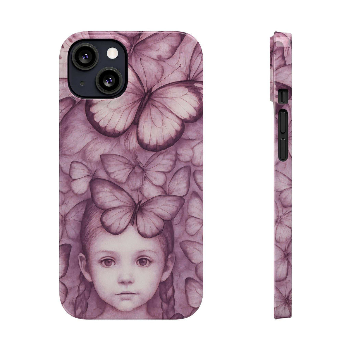 Purple butterfly-and-girl phone case front view with side button openings and port cutouts.