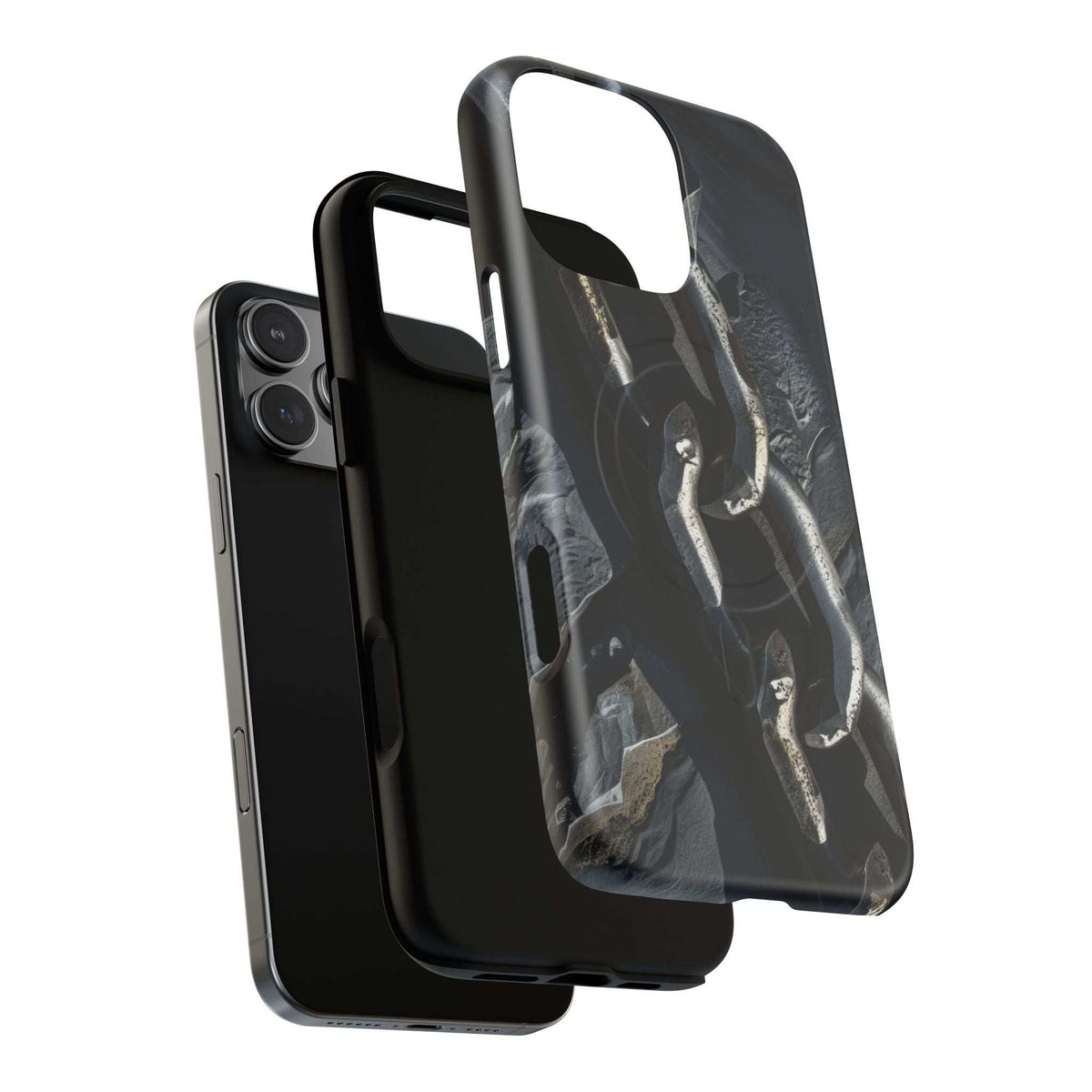Black magnetic phone case with iron chain graphic and camera cutouts