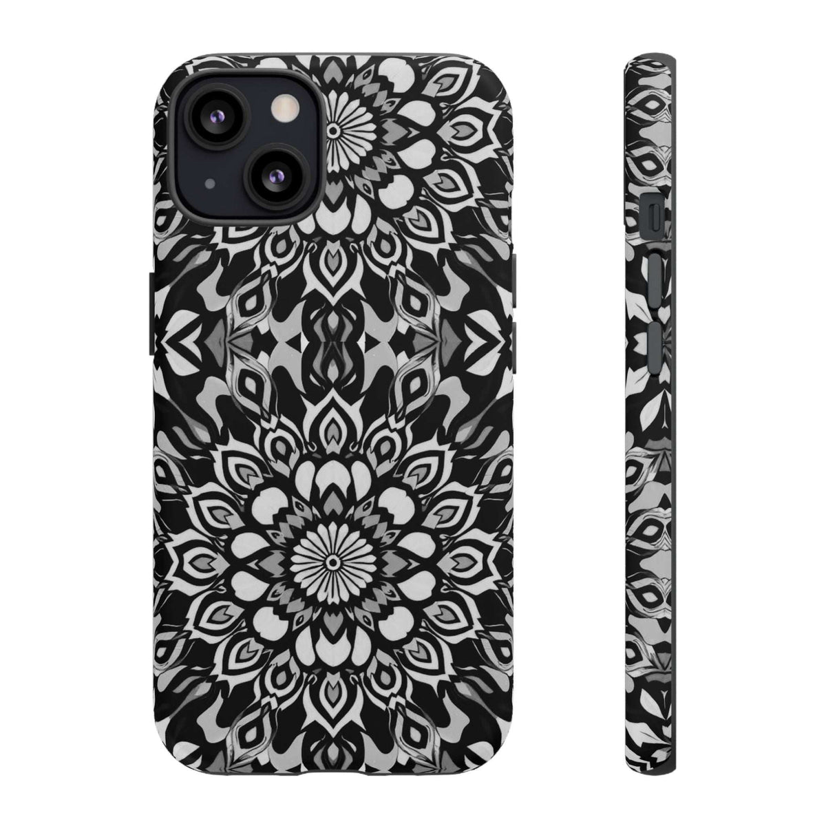 Mandala phone case featuring black-and-white mandala pattern with camera lens openings