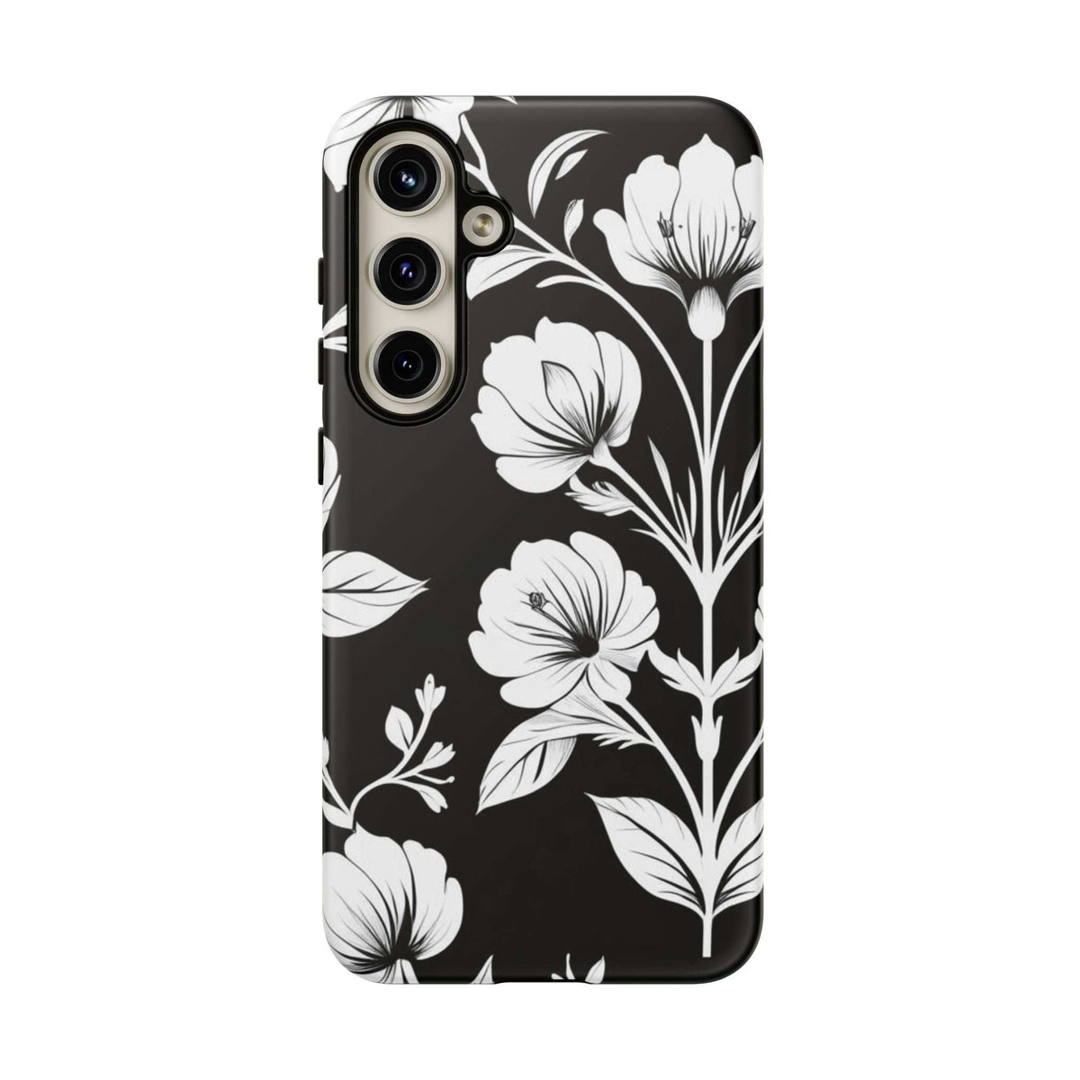 Black-and-white floral phone case with large blossoms; camera module openings visible
