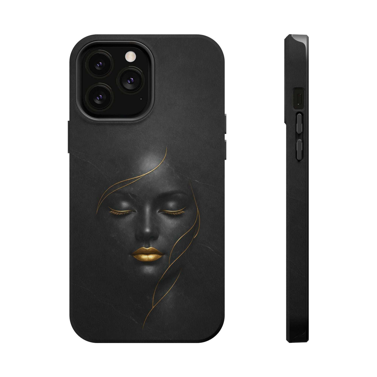 Black iPhone phone case with gold face illustration and side button cutouts