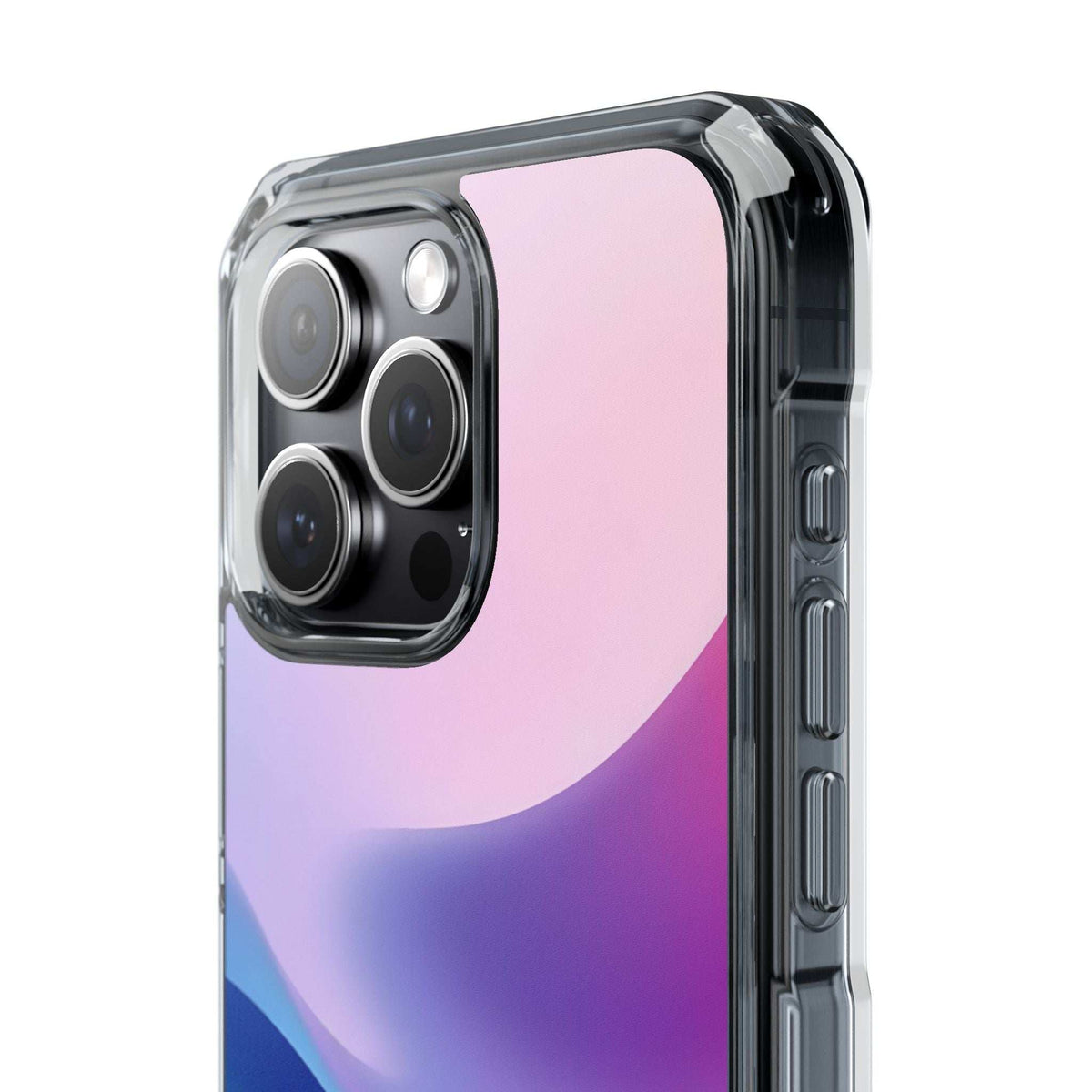 Pastel wave phone case angled front with transparent black sides and lens cutouts