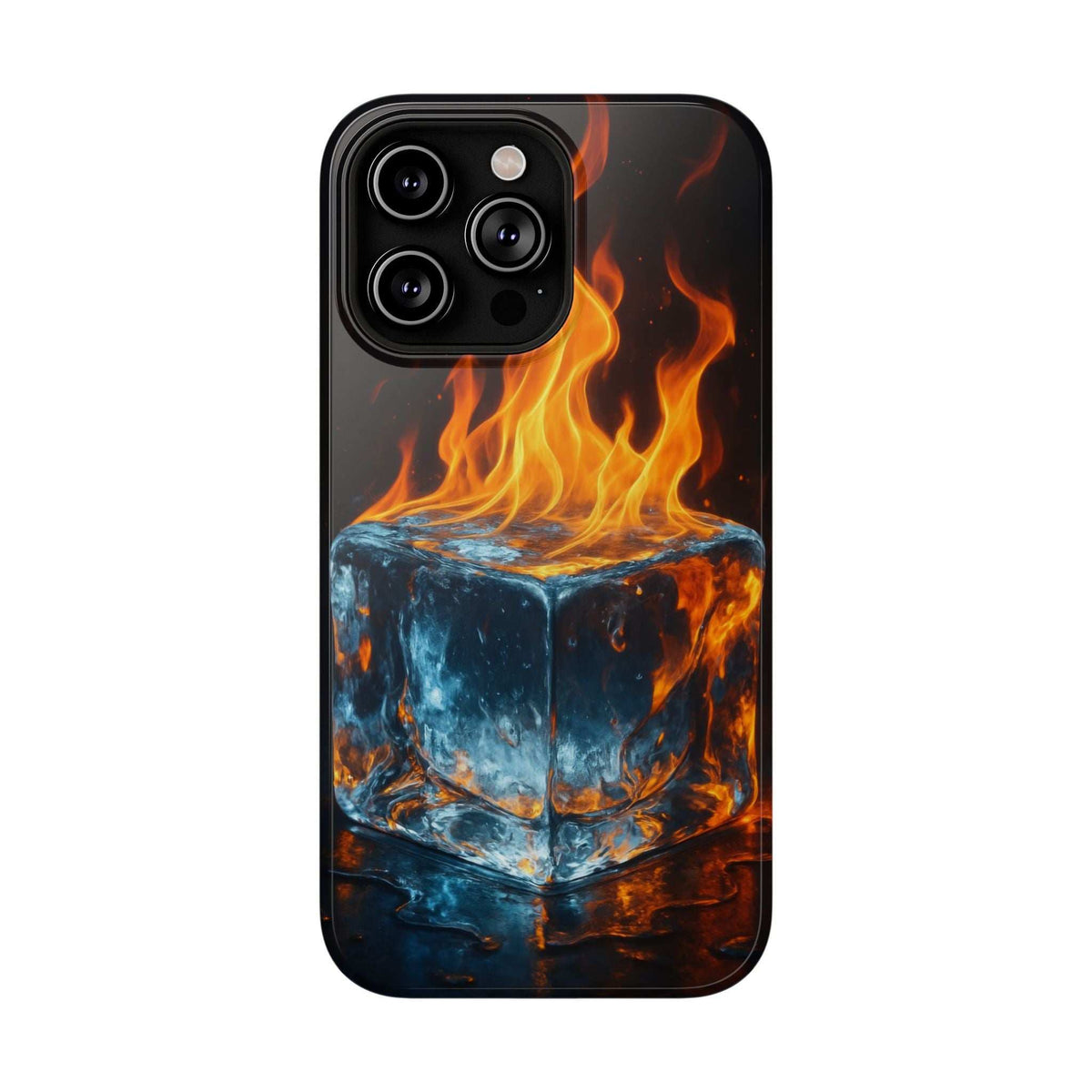 Flame ice phone case with fiery flames and blue ice skull artwork, glossy black finish