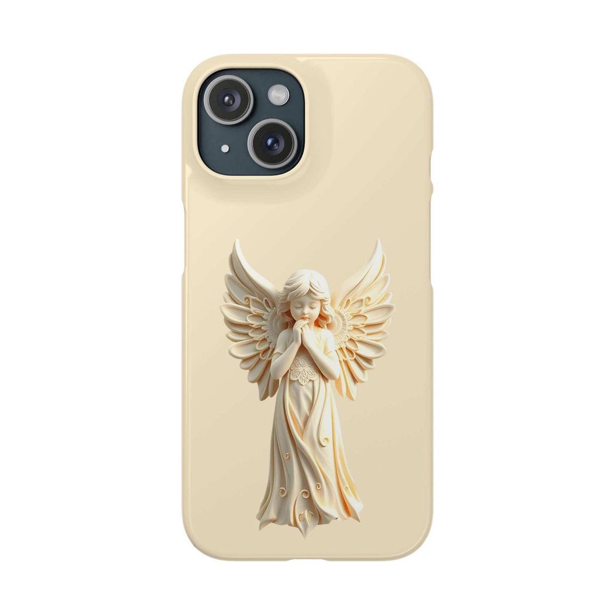 Beige phone case featuring a winged angel design with four-lens camera cutout