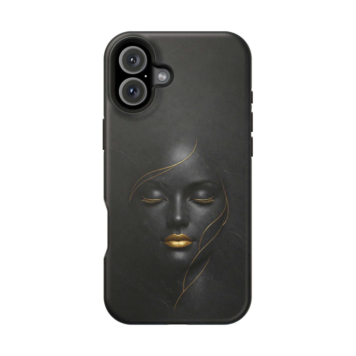 Black phone case with gold face illustration and front-facing camera cutout