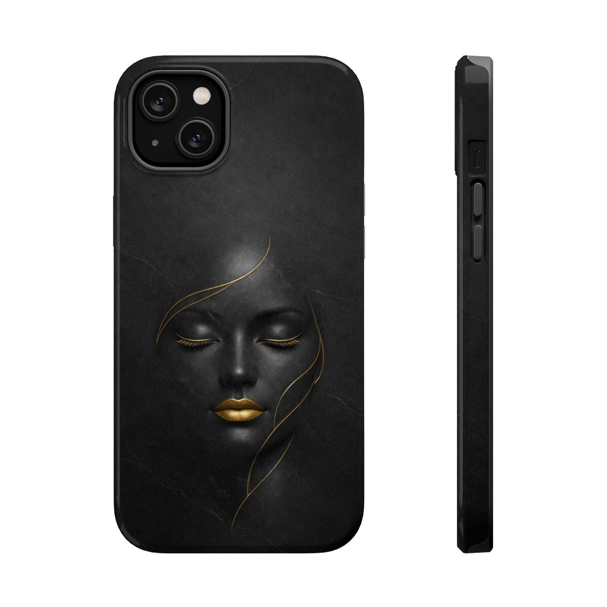 Black phone case with gold face illustration and side profile with port cutout.