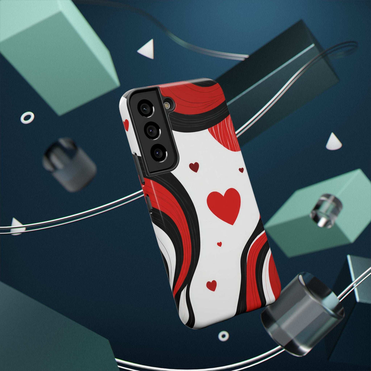 Angled view of red, black, and white swirl heart phone case with triple camera cutouts