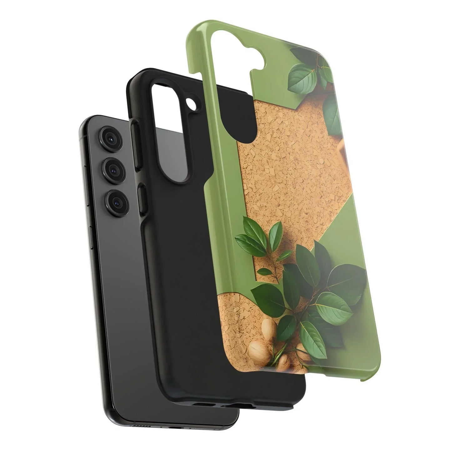 Eco-Inspired Tough Phone Case – Cork Texture with Leaf & Seed Design for iPhone 7-16 and Samsung Galaxy S21-S24 - KarArmDesign