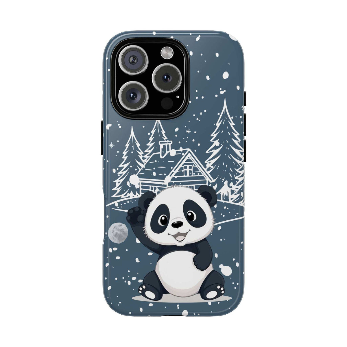 Blue panda winter phone case showing camera cutout and lens openings; snowy trees and house.