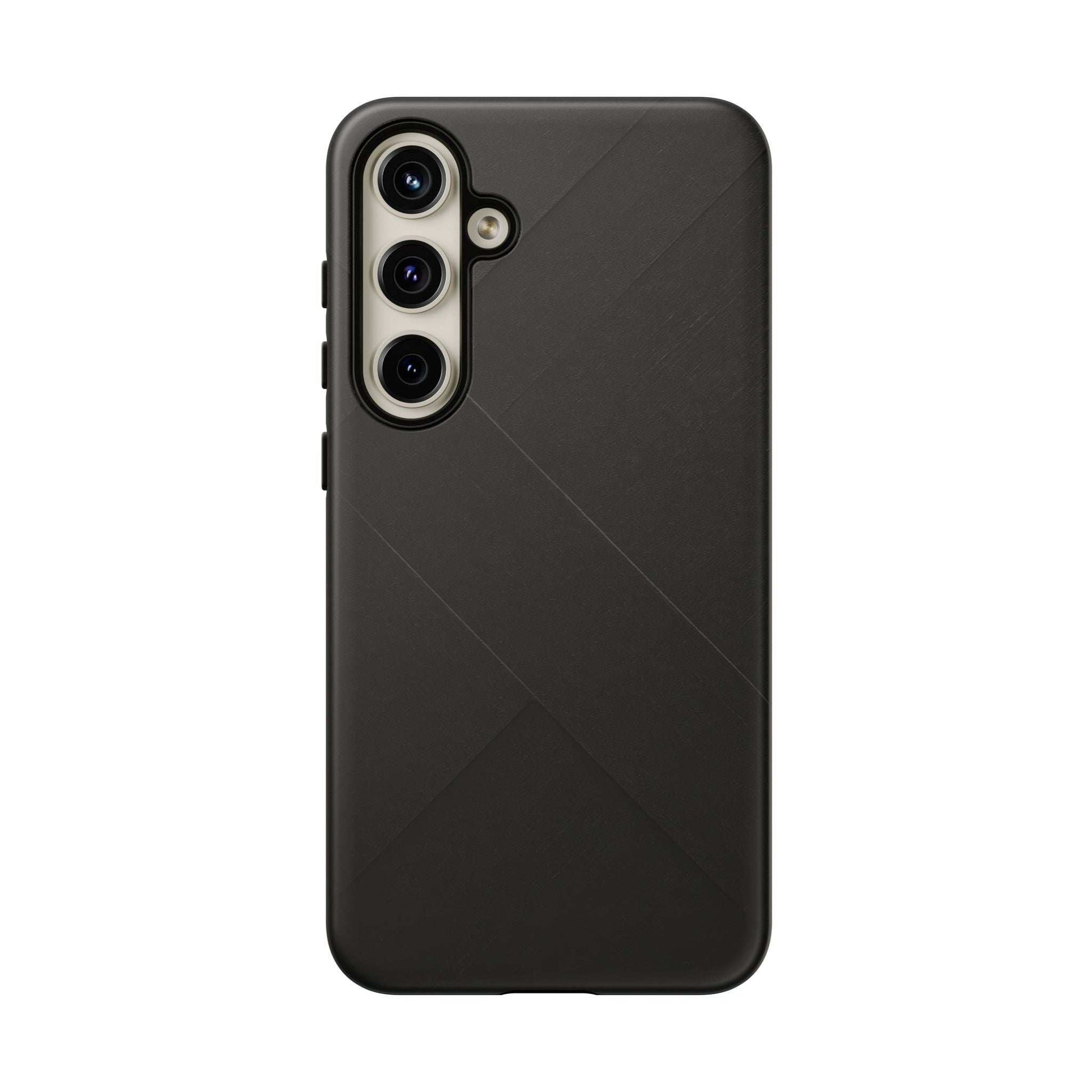 Matte black phone case with diagonal line geometric pattern and camera cutouts