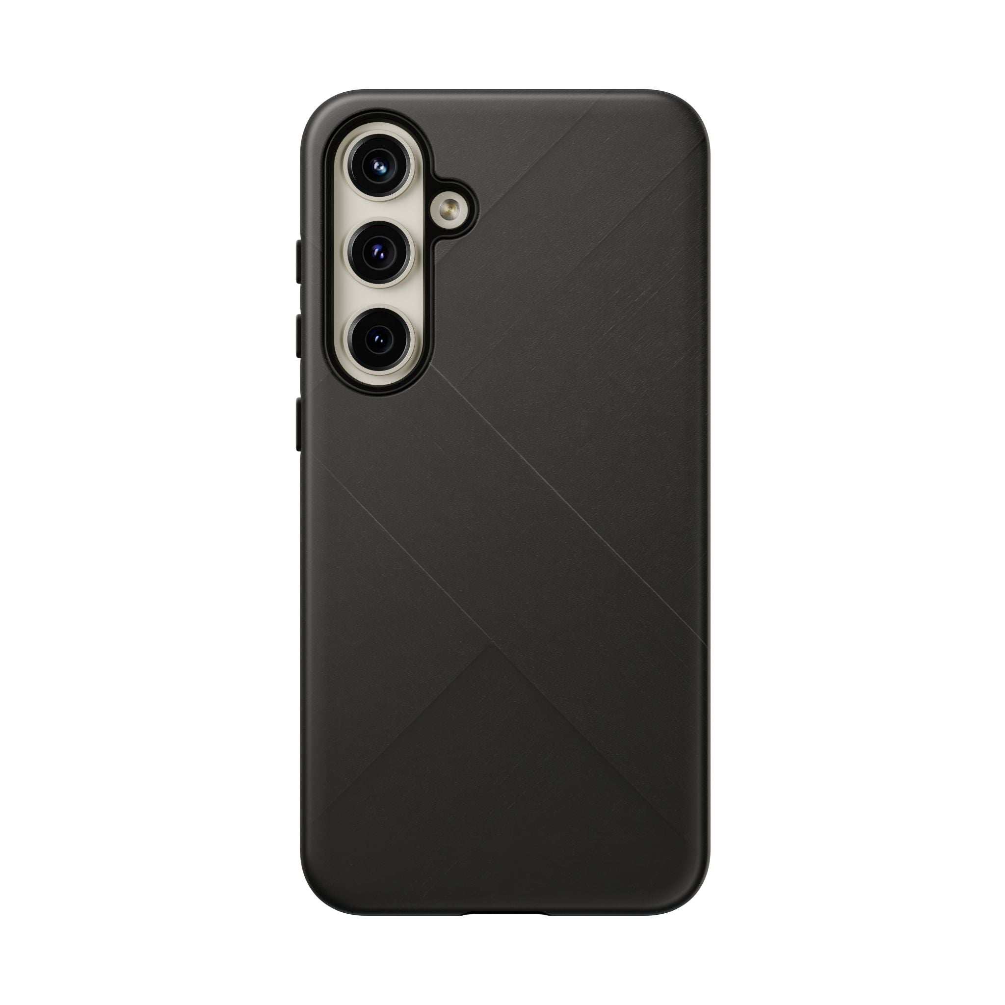 Matte black phone case with diagonal line geometric pattern and camera cutouts