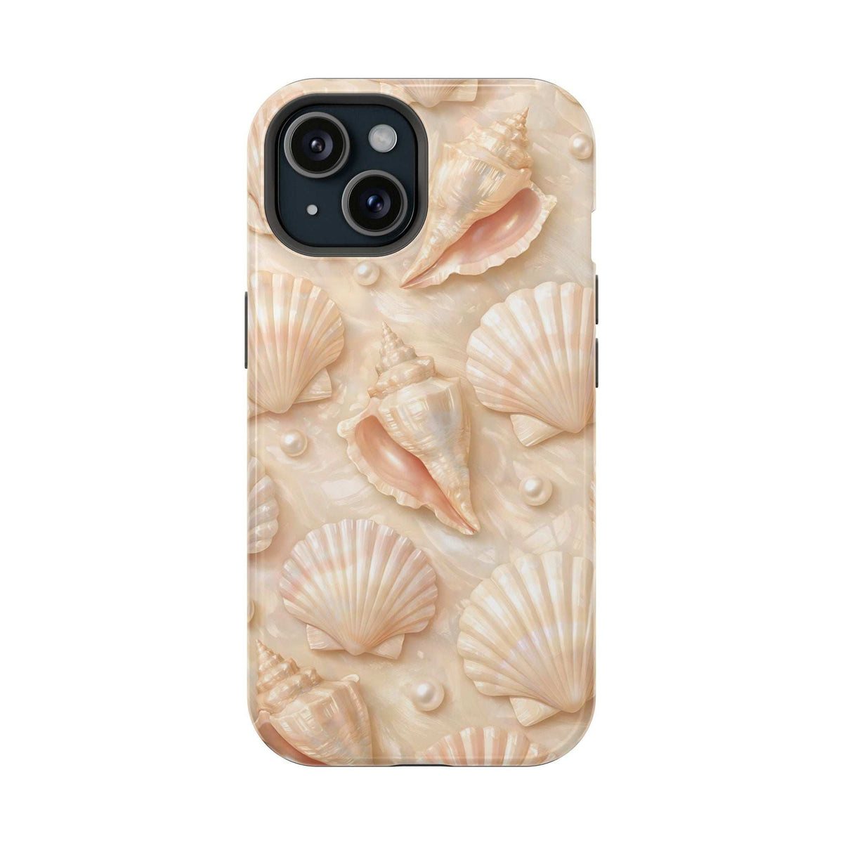 Seashell phone case with cream seashell pattern and pearl accents; camera cutout
