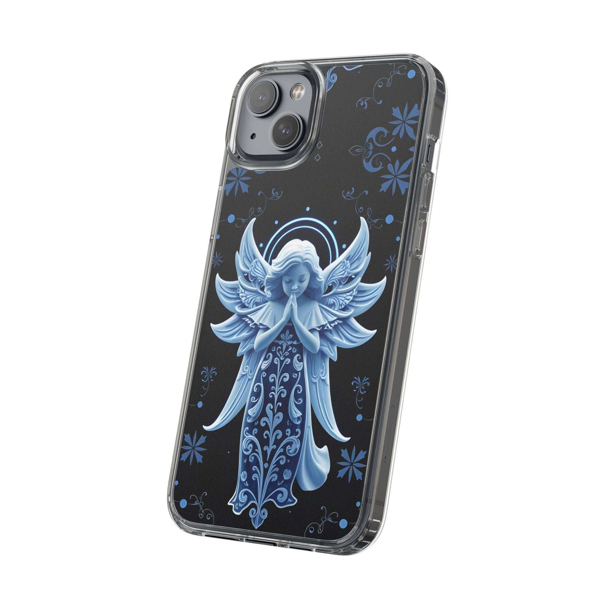 Transparent phone case with blue angel prayer design, centered angel figure and decorative swirls
