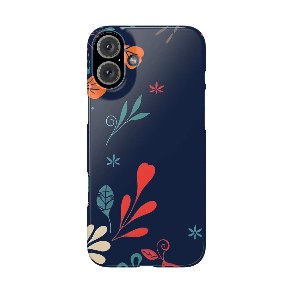 Dark navy floral phone case with heart and leaf pattern, camera cutouts visible