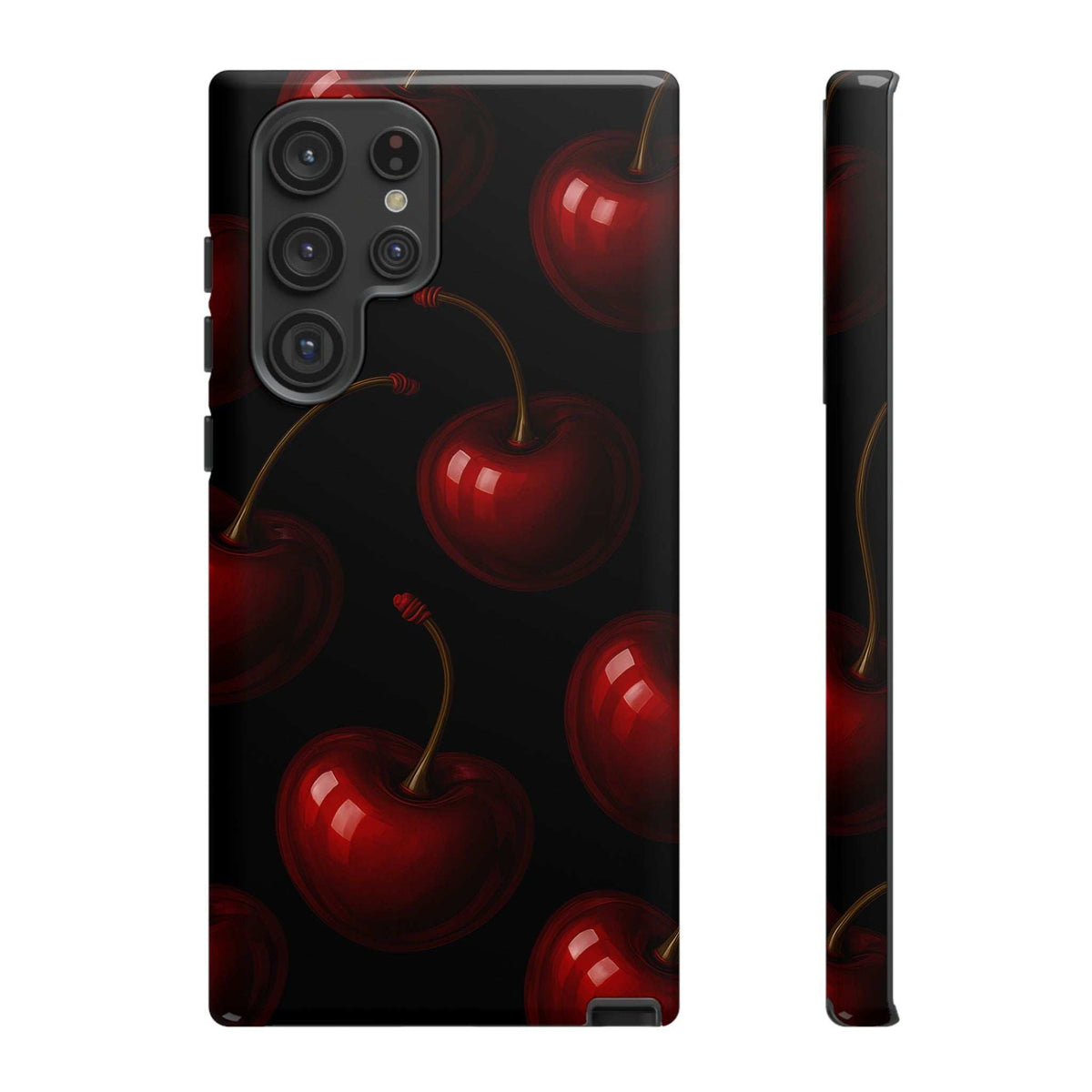 Glossy phone case with red cherry pattern, visible camera cluster cutouts and raised corners