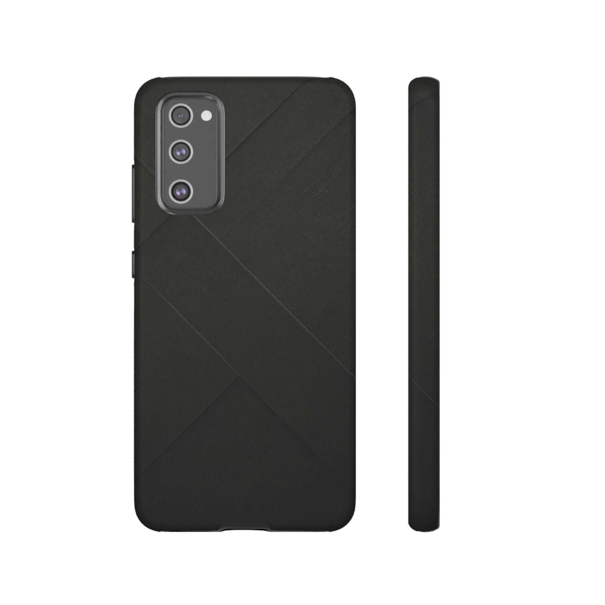 Matte black phone case with diagonal line pattern, back and side profile views