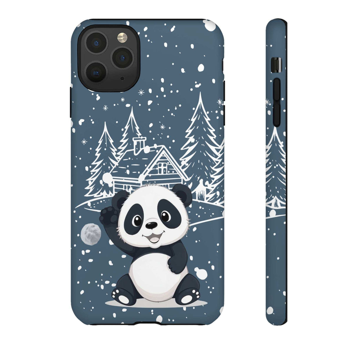 Dark blue iPhone phone case with panda sitting, snowy cabin scene, and side profile.