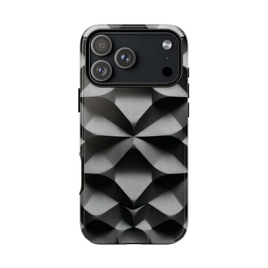 Tough phone case with black base and silver geometric pattern, raised camera cutouts.