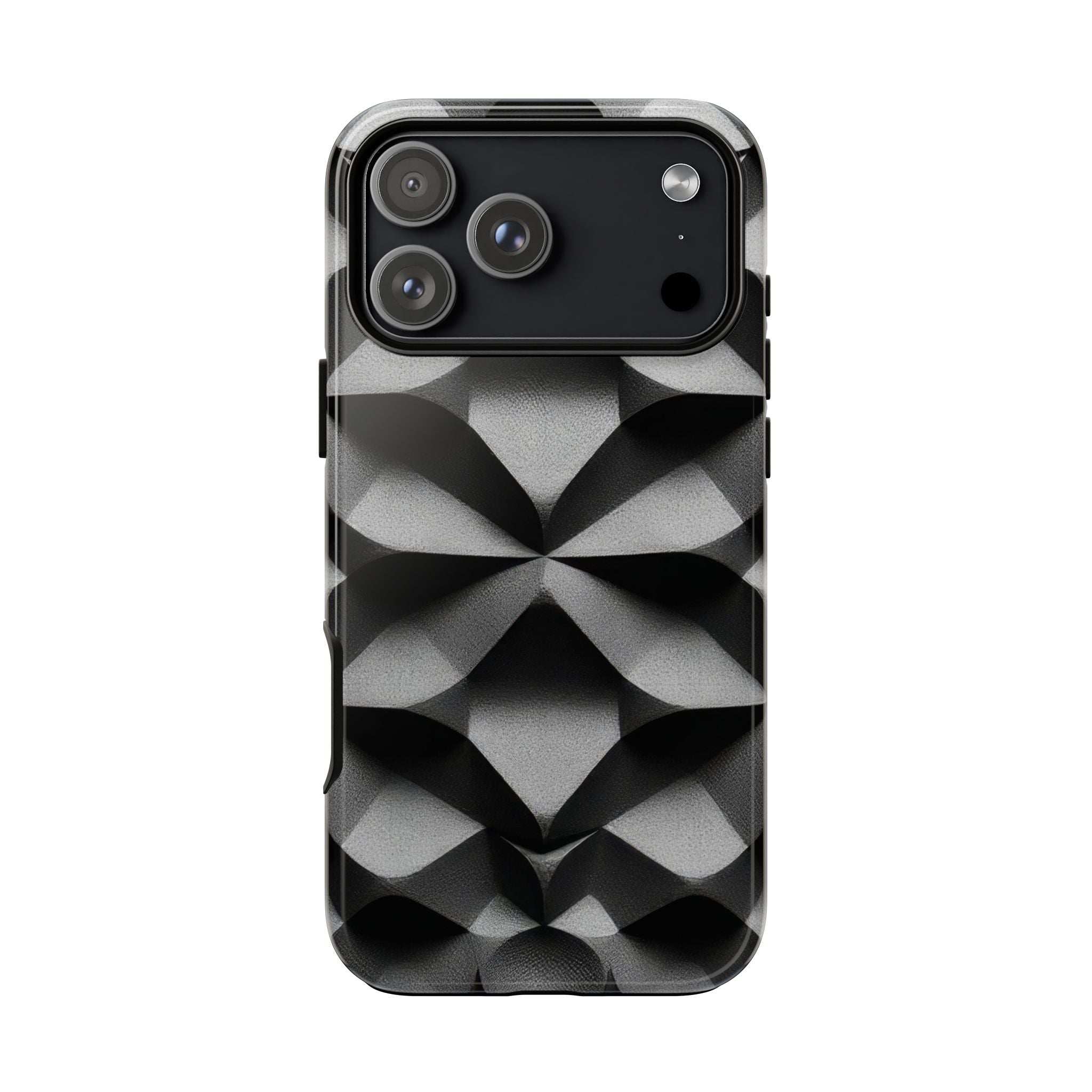 Tough phone case with black base and silver geometric pattern, raised camera cutouts.