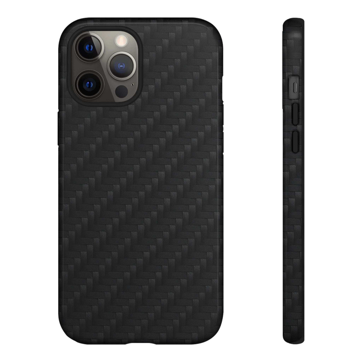 Black carbon fiber phone case with quad camera cutouts, glossy finish, front and side
