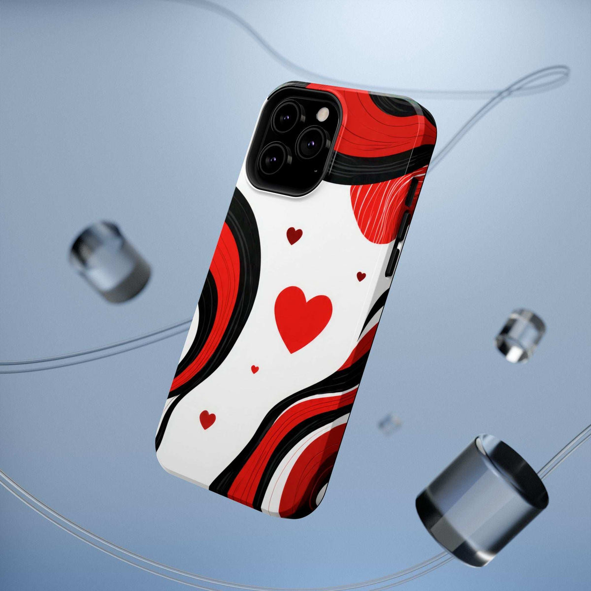 Angled phone case with red hearts, black waves, and white background; dual camera cutout