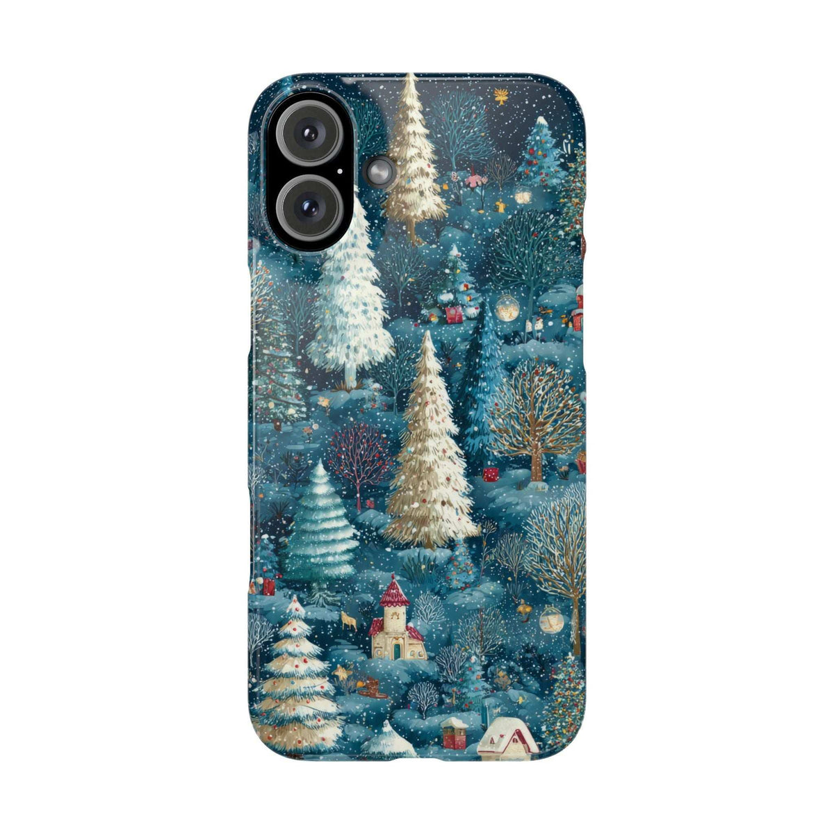 Blue winter forest phone case with tall snowy trees and camera cutouts