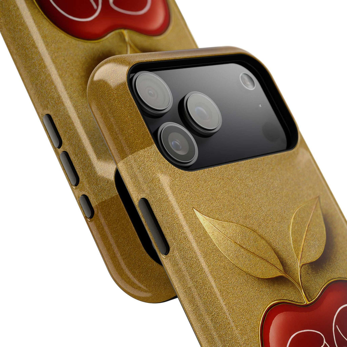 Gold glitter phone case close-up: camera cutout with apple leaf detail and red heart badge