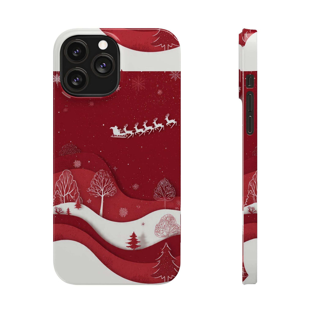 Red winter-themed phone case with sled and trees; raised camera cutouts visible.