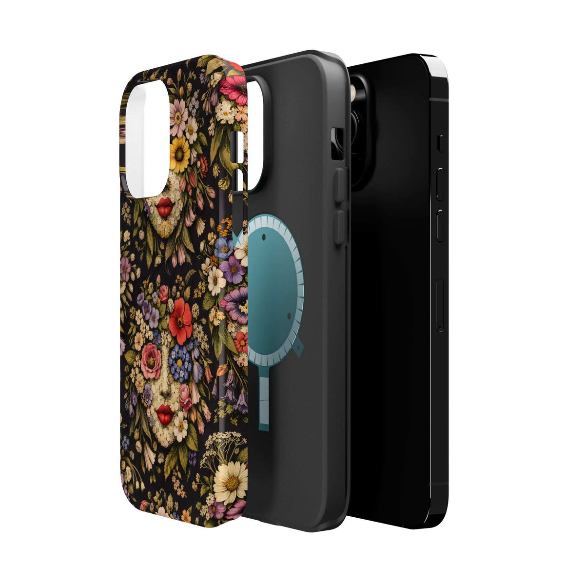 Floral vintage face phone case angled side view; visible power and volume openings.