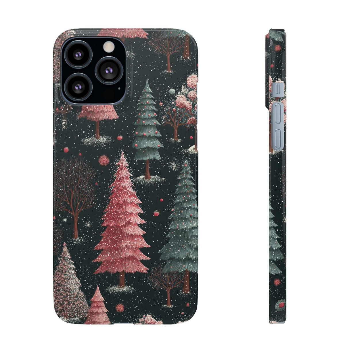 Glossy phone case back with camera cutouts; snowy forest pine trees and pink accents