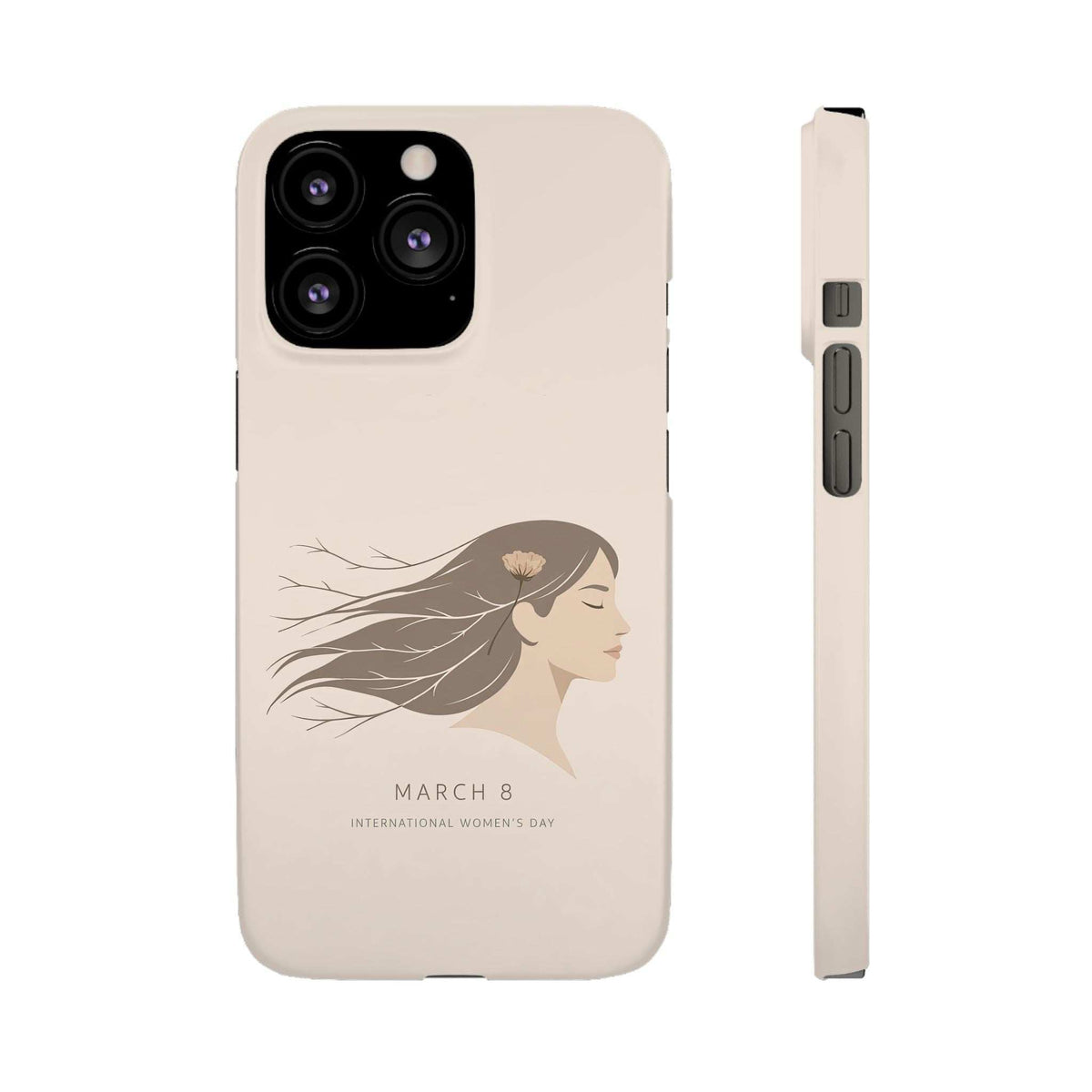 Beige phone case with woman profile illustration and “MARCH 8” text; raised camera cutouts.