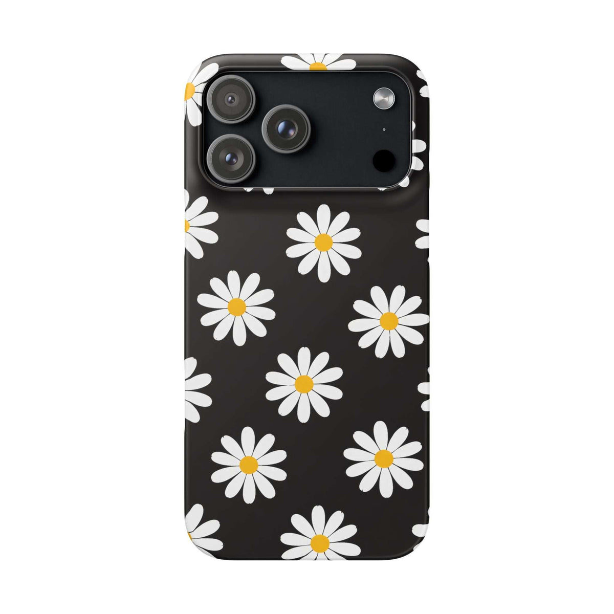 Black phone case with white daisies and yellow centers; back camera lenses and cutouts visible
