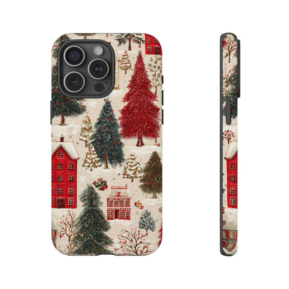 Winter village phone case with snowy street scene, red houses, and green pine trees; camera cutouts