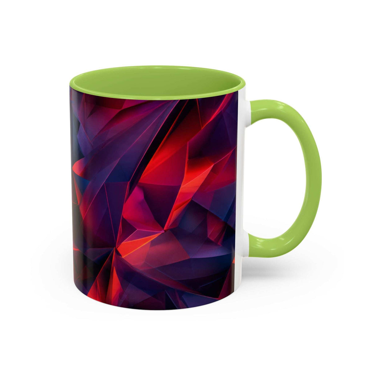 Ceramic accent mug with light green handle and rim; red and purple geometric design.