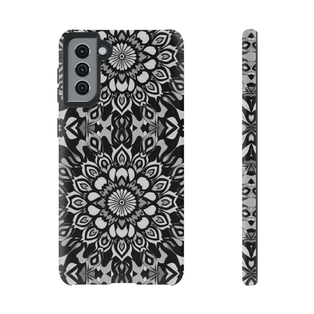 Mandala phone case featuring black-and-white mandala pattern with camera cutouts and side edge