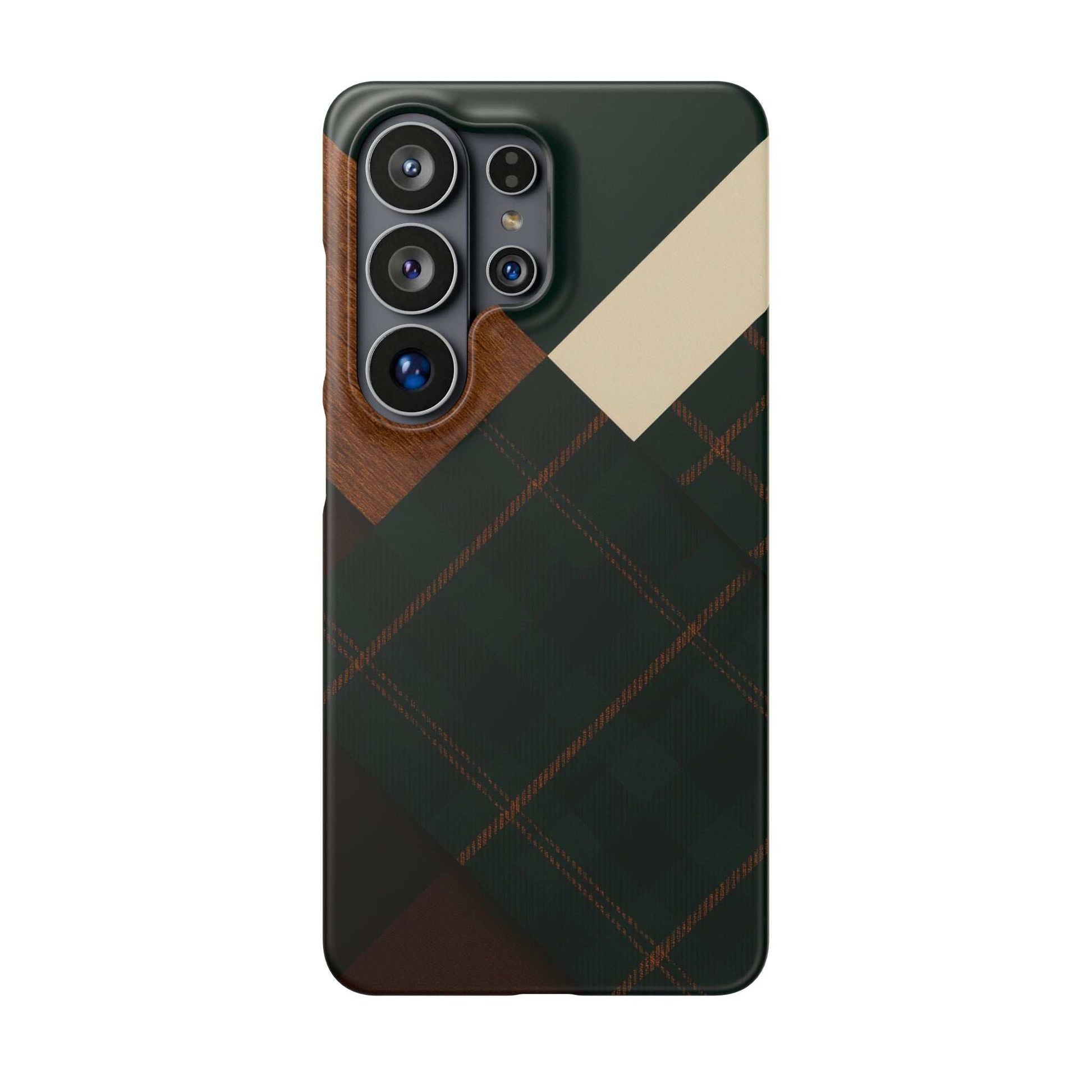 Rustic green phone case with wood grain accent and plaid pattern over camera housing