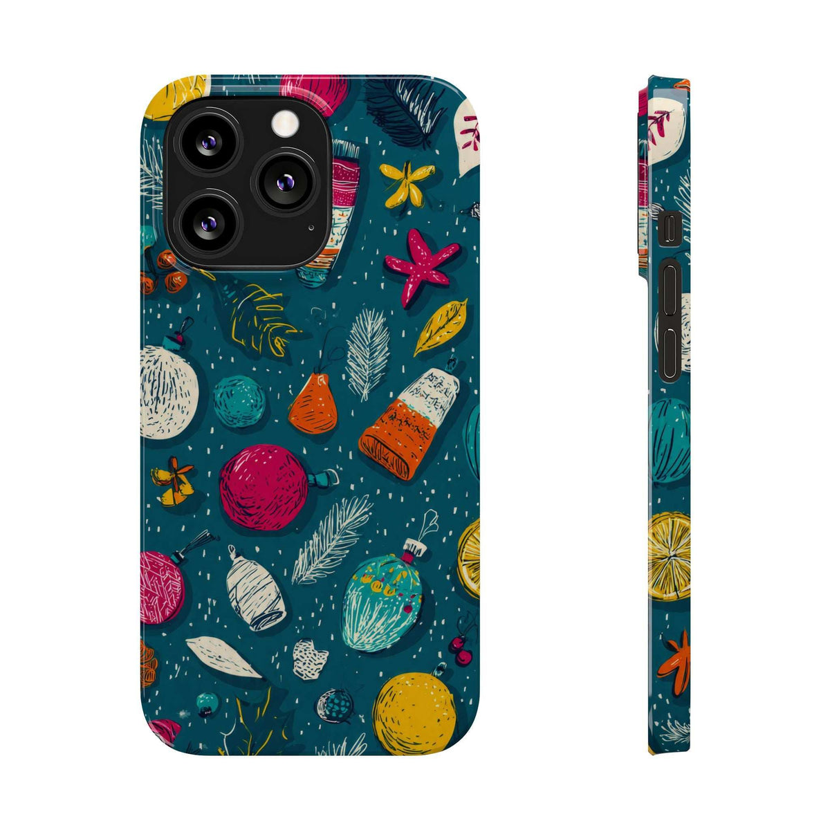 Teal winter-themed phone case front view with camera lenses and colorful accents