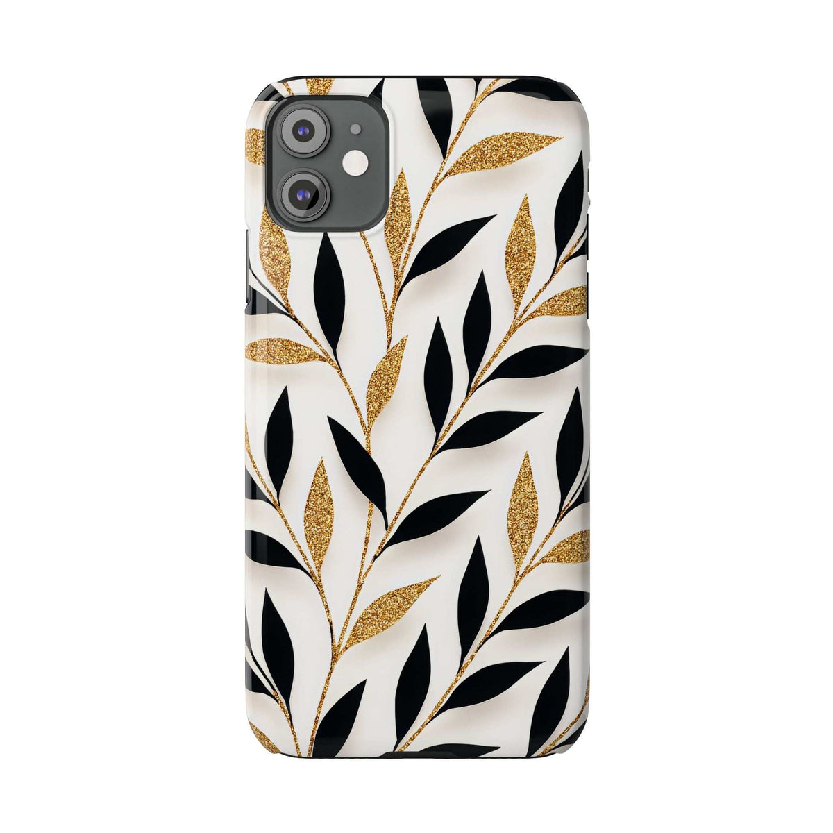 Phone case back with white, black, and gold glitter leaf design