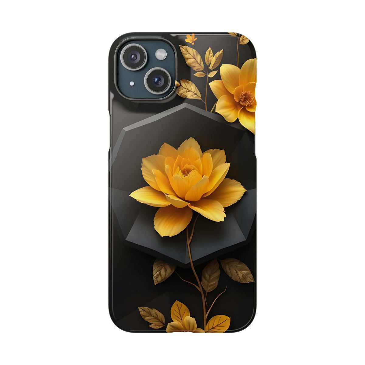 Black phone case with yellow floral artwork, gold leaves, and raised camera cutouts.