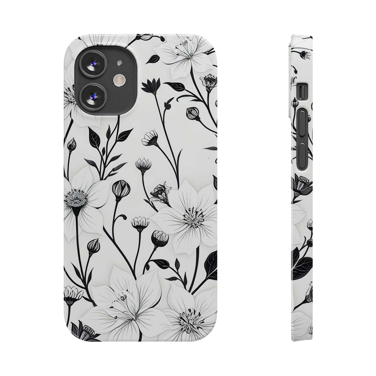 Monochrome floral phone case with black line flowers on a light white background