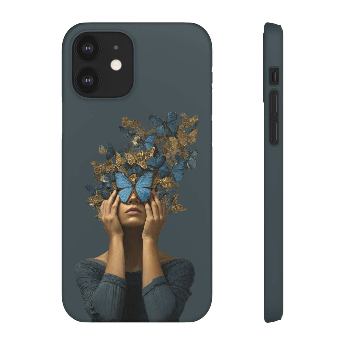 Dark gray phone case with blue and gold butterfly portrait; camera lenses and access cutouts